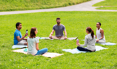 Image showing group of people sitting on yoga mats at park