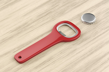 Image showing Red bottle opener and beer cap
