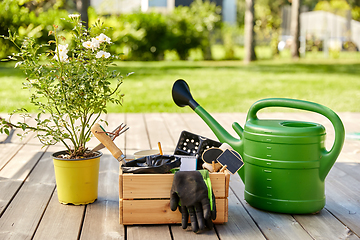 Image showing box with garden tools and watering can in summer