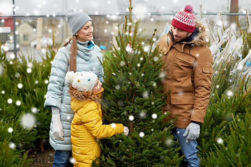 Image showing happy family choosing christmas tree at market