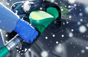 Image showing close up of hand in glove filling car with petrol