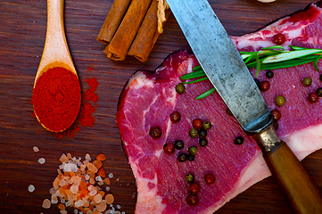 Image showing raw uncooked  ribeye beef steak butcher selection