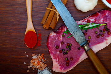 Image showing raw uncooked  ribeye beef steak butcher selection