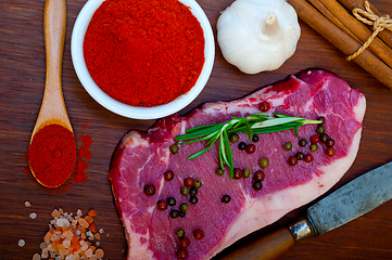 Image showing raw uncooked  ribeye beef steak butcher selection