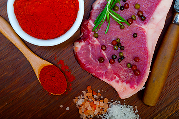 Image showing raw uncooked  ribeye beef steak butcher selection