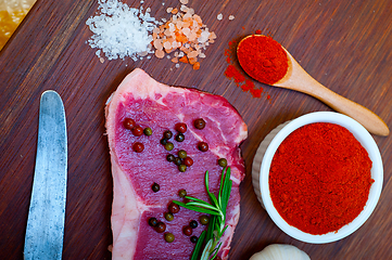 Image showing raw uncooked  ribeye beef steak butcher selection