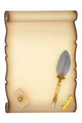 Image showing Parchment Document Scroll Blotter and Quill Pen