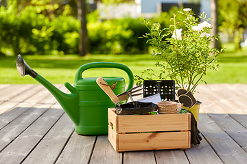 Image showing box with garden tools and watering can in summer