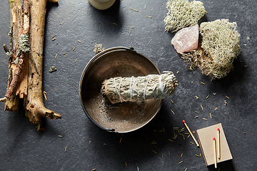 Image showing white sage in cup and staff for magic ritual