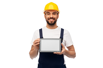 Image showing happy male worker or builder with tablet computer