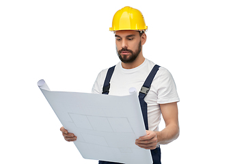 Image showing male worker or builder in helmet with blueprint