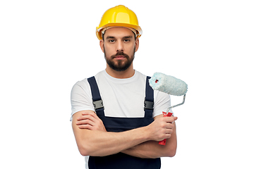 Image showing male worker or builder with paint roller