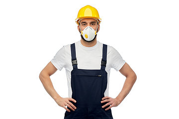 Image showing male worker or builder in helmet and respirator