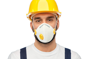 Image showing male worker or builder in helmet and respirator