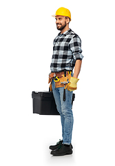 Image showing happy worker or builder in helmet with tool box