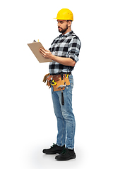 Image showing male worker or builder in helmet with clipboard