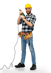 Image showing happy male worker or builder in helmet with drill