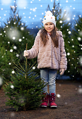 Image showing little girl choosing christmas tree at market