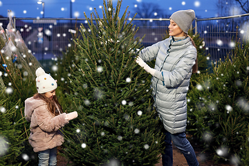 Image showing happy family choosing christmas tree at market