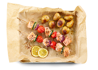 Image showing salmon and vegetable skewers