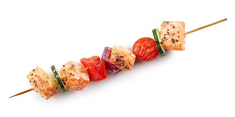 Image showing grilled salmon and vegetable skewer