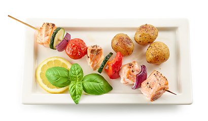 Image showing grilled salmon and vegetable skewer