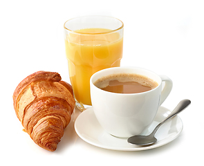 Image showing coffee with milk, croissant and orange juice