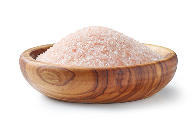 Image showing pink himalaya salt in olive wood bowl