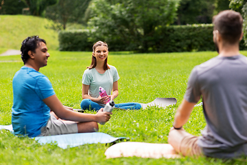 Image showing group of people sitting on yoga mats at park