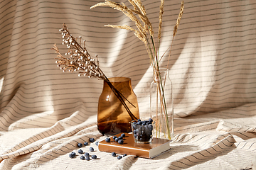 Image showing cup of blueberry, book and dried flowers in vases