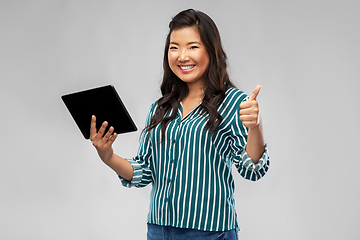 Image showing happy asian woman with tablet pc showing thumbs up
