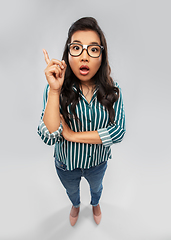 Image showing surprised asian student woman pointing finger up