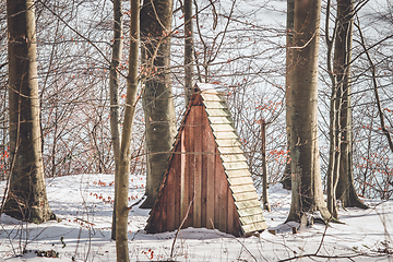 Image showing Small shelter in a forest with snow