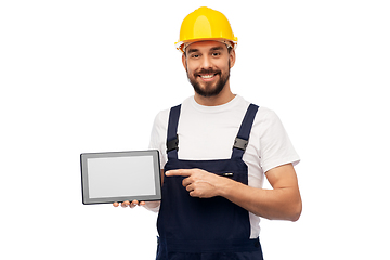 Image showing happy male worker or builder with tablet computer