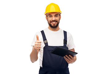 Image showing worker or builder with tablet pc showing thumbs up