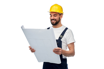 Image showing male worker or builder in helmet with blueprint