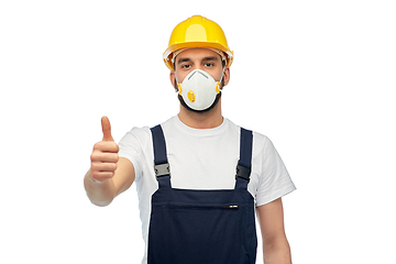 Image showing male worker or builder in helmet and respirator