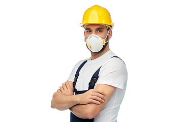 Image showing male worker or builder in helmet and respirator