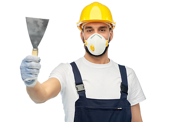 Image showing worker or builder in respirator with spatula