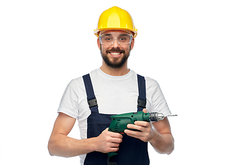 Image showing happy male worker or builder in helmet with drill