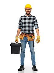 Image showing happy worker or builder in helmet with tool box