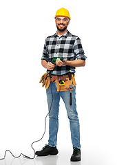 Image showing happy male worker or builder in helmet with drill