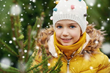 Image showing little girl choosing christmas tree at market