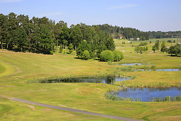 Image showing View to a Golf Course with Ponds and Forest 