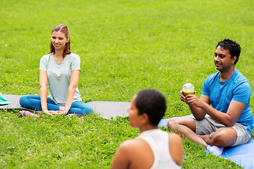 Image showing group of people sitting on yoga mats at park