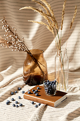 Image showing cup of blueberry, book and dried flowers in vases