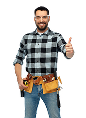 Image showing happy male worker or builder with tool belt