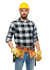 Image showing happy male worker or builder in helmet and goggles