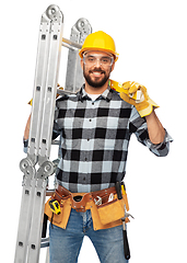 Image showing happy male worker or builder in helmet with ladder