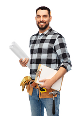 Image showing male builder with clipboard and blueprint